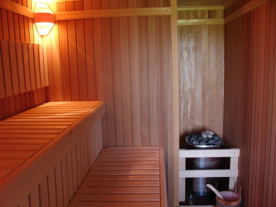 Sauna s dřevěnými lavicemi a kamny